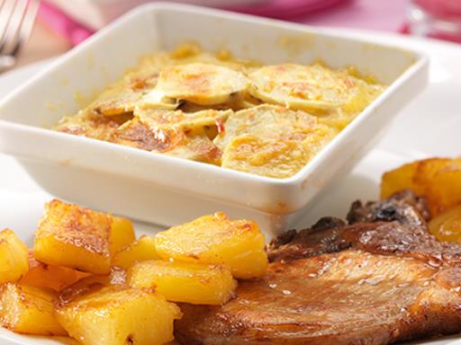 Côtes de porc à l’ananas et gratin de patates douces